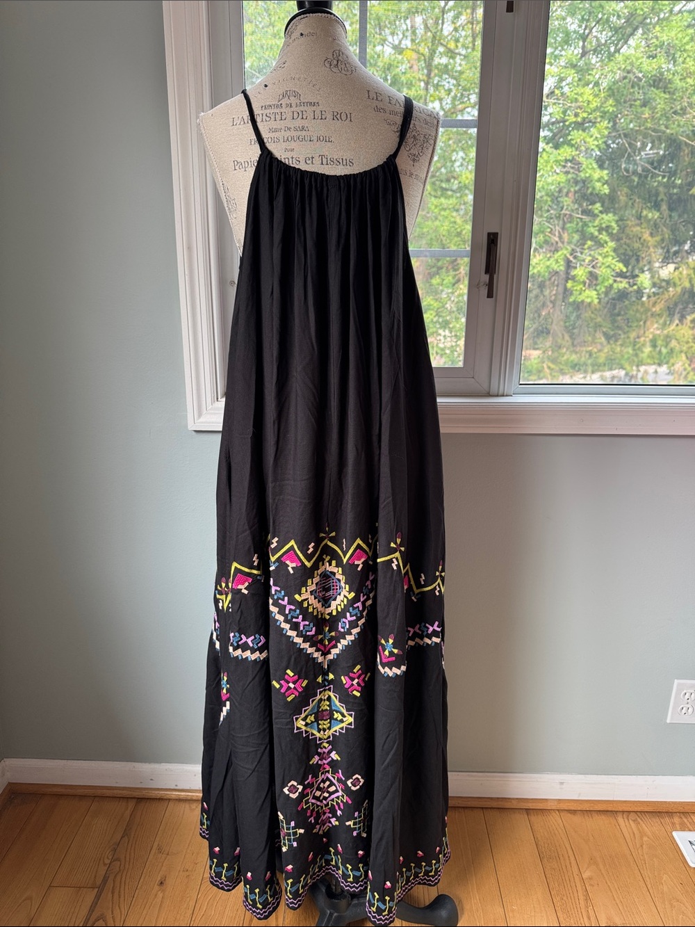 Anthropologie boho spaghetti strap black viscose embroidered full dress EUC S/M - Picture 6 of 10